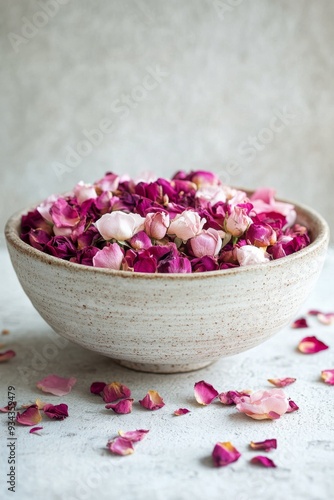 Delicate pink roses arranged in a rustic ceramic bowl on a soft white backdrop