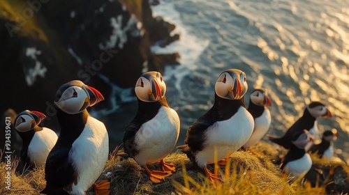 Three puffins perched on a grassy cliff overlooking the ocean at sunset