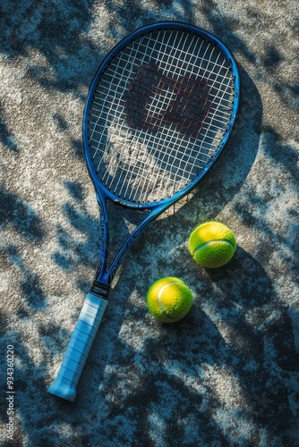 Tennis racket and balls resting on a textured surface in bright sunlight