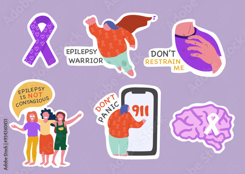 Epilepsy sticker or emblems collection. Support people how has epilepsy. Vector characters illustration.