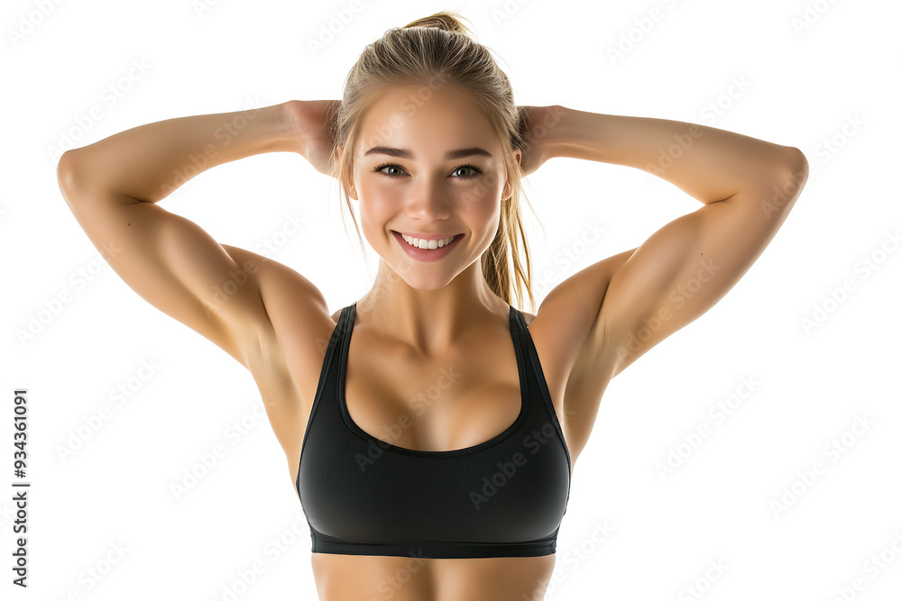 happy athletic young woman with Perfect abdominal muscles isolated on transparent background happy athletic young woman with Perfect abdominal muscles isolated on transparent background