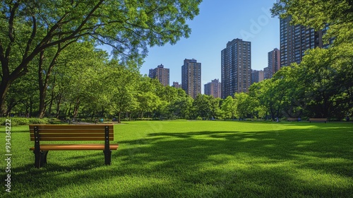 Park bench under trees with city buildings and sunset in the background