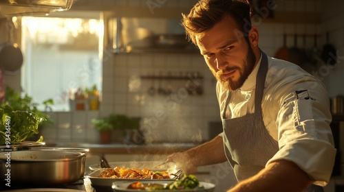 Chef plating a gourmet dish in a warm, sunlit kitchen during dinner preparation