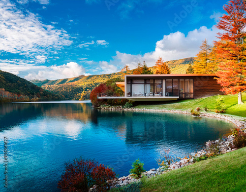 Chalet moderno junto a un lago en un valle verde, con árboles de colores. photo