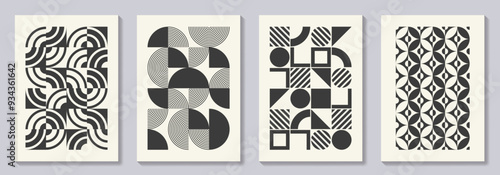 Retro set of black and white geometric vector pattern minimal posters with 20s geometric design. Trendy bauhaus pattern background for cover design, poster and interior.