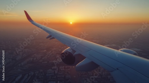 Sunrise view from an airplane window above the clouds during early morning flight