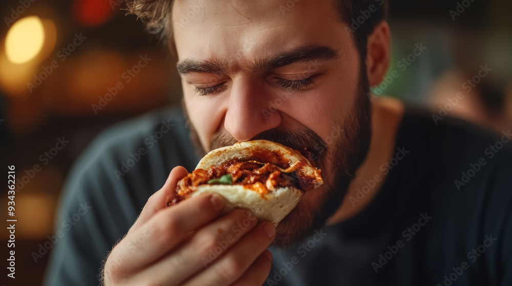 Hungry guy biting and enjoying shawarma sandwich Hungry guy biting and enjoying shawarma sandwich