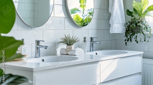 Modern bathroom sink vanity with decorative plants and towels in bright natur...