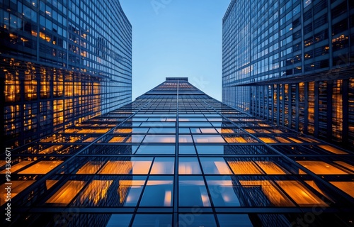 Wallpaper Mural Skyscraper view at dusk with illuminated windows in a bustling urban setting Torontodigital.ca