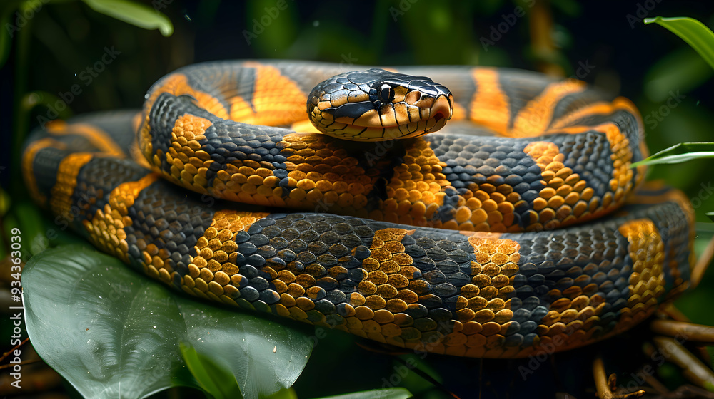 Amazon Bushmaster Snake coiled in the underbrush, its scales and body texture Amazon Bushmaster Snake coiled in the underbrush, its scales and body texture