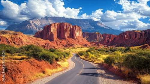 Scenic winding road through colorful canyons with mountains under a blue sky