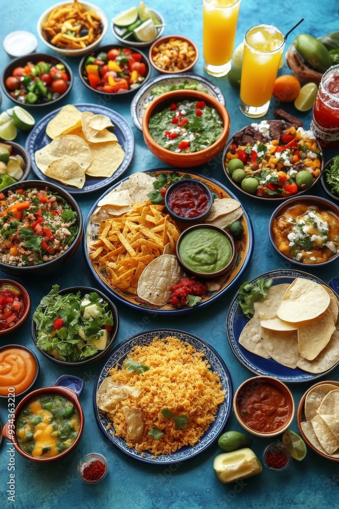 Colorful spread of Mexican dishes featuring tacos, salads, and fresh toppings on a blue table Colorful spread of Mexican dishes featuring tacos, salads, and fresh toppings on a blue table