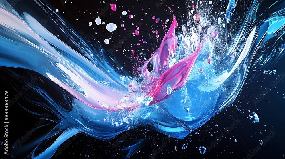 Obraz premium Abstract splash of vibrant blue, pink, and white paint against a black background.