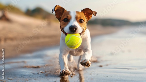 Dog running on the beach with a tennis ball during a cloudy day
