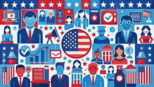 Vibrant patriotic graphic illustrating the importance of participating in elections, with bold icons and colors, encouraging citizens to make their voices heard through voting. photo