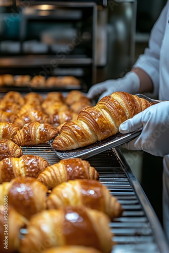 Freshly baked croissants cooling on trays in a bakery kitchen during morning ...