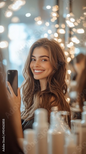 Young woman smiling and holding smartphone with bright bokeh lights in backgr...