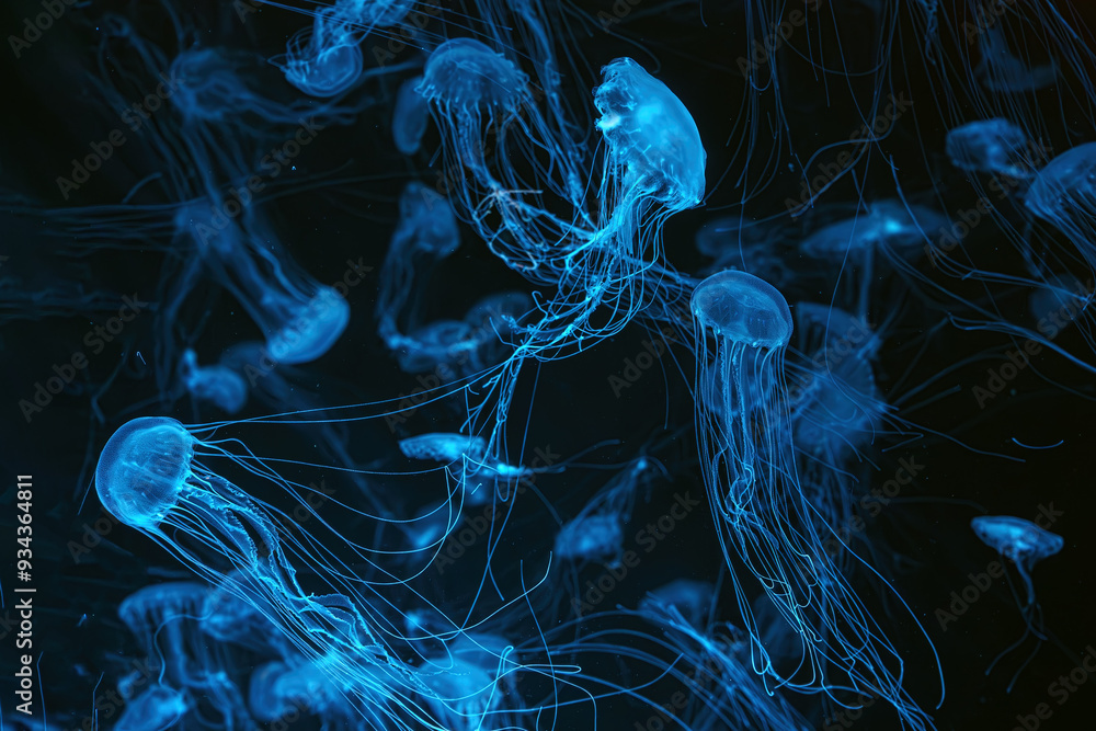 Naklejka premium Group of Atlantic sea nettle, Chrysaora quinquecirrha, East Cost sea nettle jellyfish, floating in illuminated aquarium with neon light. Theriology, biodiversity, undersea life, aquatic organism