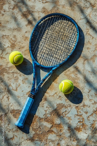 Tennis racket and balls resting on a textured surface in bright sunlight