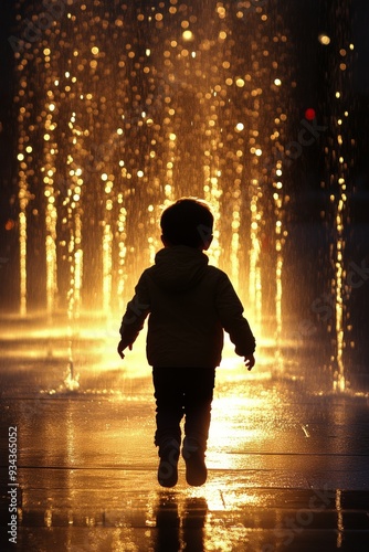Child playing in water fountains at sunset in an urban setting