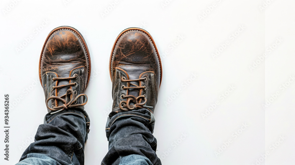 Pair of brown shoes on man legs on white background Pair of brown shoes on man legs on white background