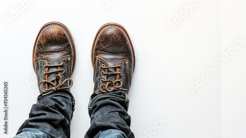 Pair of brown shoes on man legs on white background