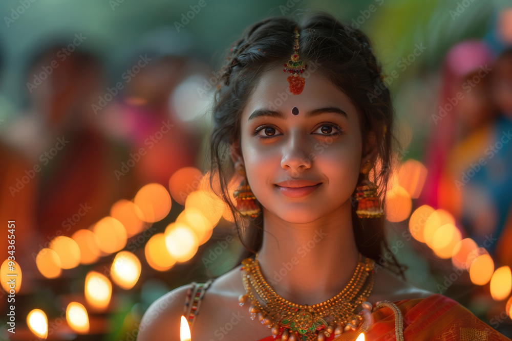 Young indian woman in traditional attire and jewelry smiles during Varuthini festival at temple surrounded by candles, diya lamps. Spiritual significance of cultural celebration and religious devotion Young indian woman in traditional attire and jewelry smiles during Varuthini festival at temple surrounded by candles, diya lamps. Spiritual significance of cultural celebration and religious devotion