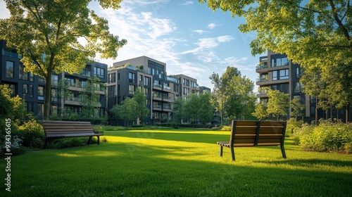 Park bench under trees with city buildings and sunset in the background