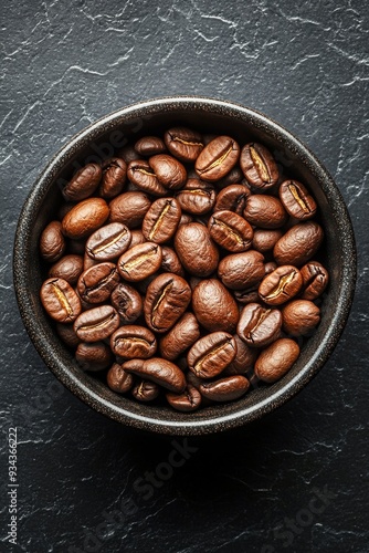 Freshly roasted coffee beans in a black bowl on a textured dark surface