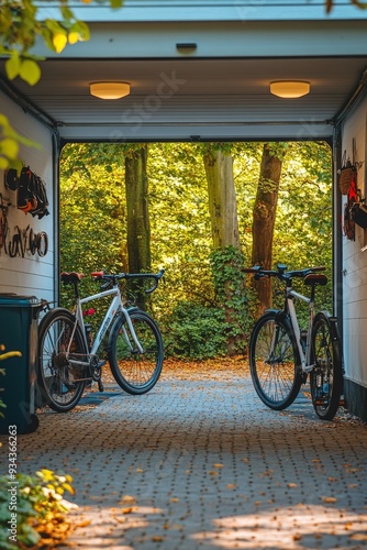 Two bicycles resting in a lush green garage during autumn afternoon light