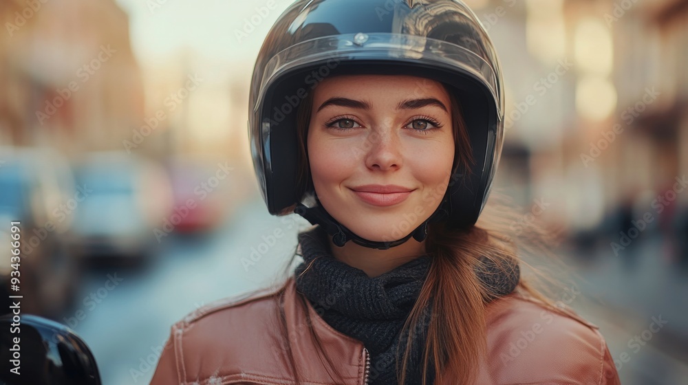 Young woman smiling while wearing a helmet in an urban street during the day Young woman smiling while wearing a helmet in an urban street during the day