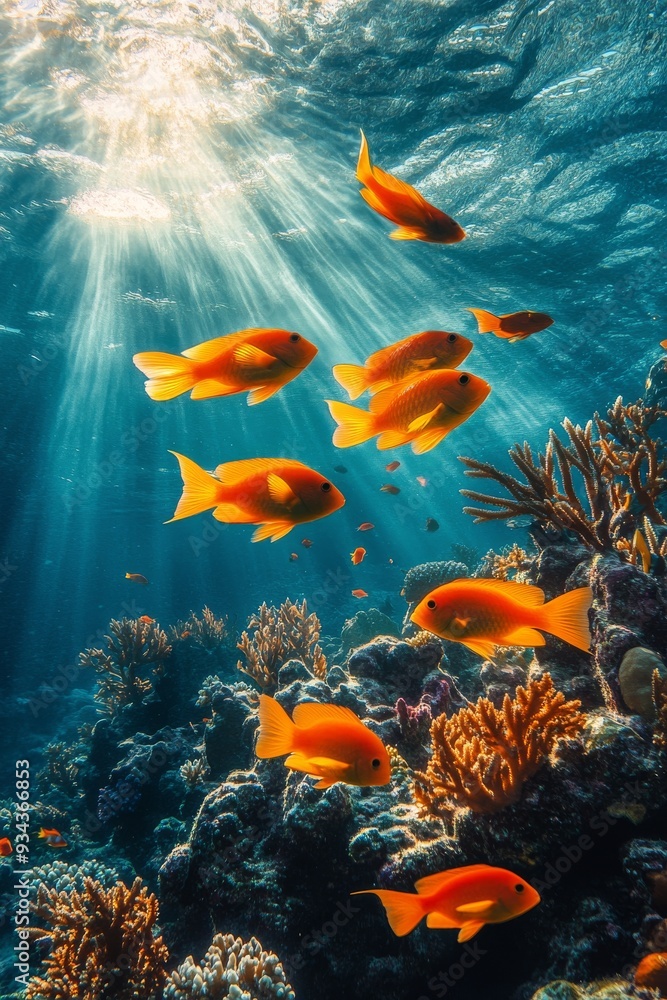 Fototapeta premium Vibrant orange fish swimming among coral reefs in a sunlit underwater paradise