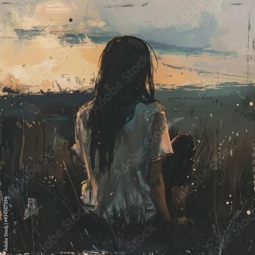 A solitary figure gazes at the distant horizon as the sun sets casting warm hues across the sky