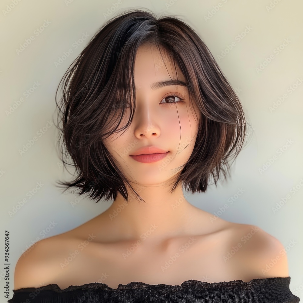 A high-resolution portrait of a beautiful Asian woman with short dark brown hair, wearing an off-shoulder top, exuding elegance. A high-resolution portrait of a beautiful Asian woman with short dark brown hair, wearing an off-shoulder top, exuding elegance.