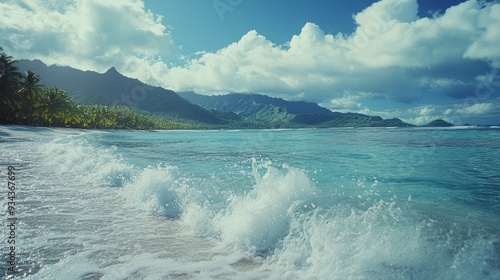 Vibrant ocean waves trail behind a boat near lush green mountains under a cle...