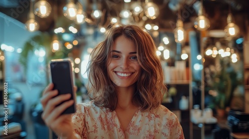 Young woman smiles while taking a selfie in a cozy cafe filled with warm ligh...