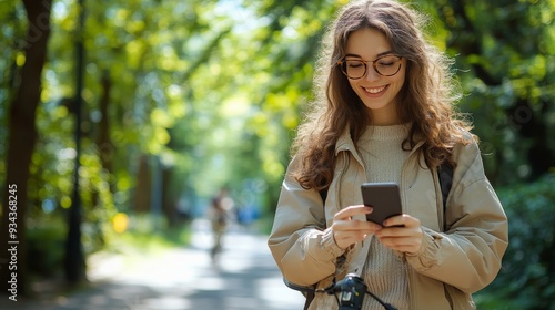 Young woman smiling and using smartphone in a lush urban park during daytime