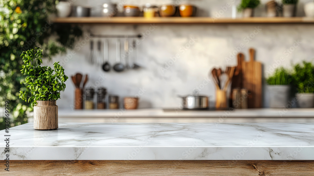 Elegant Marble Countertop on Wooden Base in Modern Kitchen with Blurred Utensils and Minimalist Decor, Ideal for Branding and Design Mockups, Bright Daytime Scene Elegant Marble Countertop on Wooden Base in Modern Kitchen with Blurred Utensils and Minimalist Decor, Ideal for Branding and Design Mockups, Bright Daytime Scene