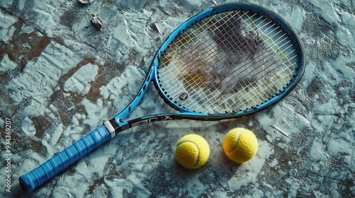 Tennis racket and yellow balls on a textured surface with soft lighting