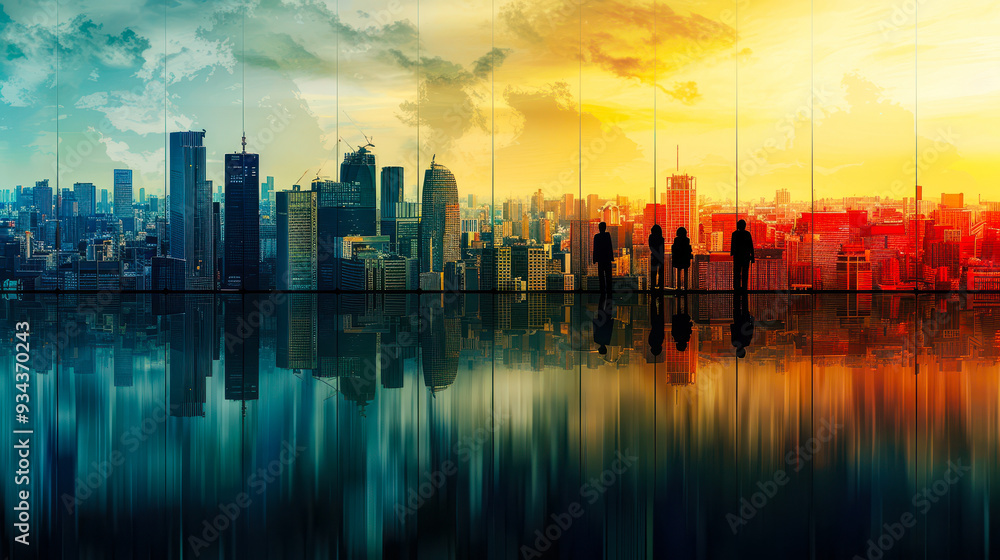 Fototapeta premium Business Professionals Overlooking Cityscape from High Rise Building at Sunset, Modern Urban Office, Corporate Reflection, Vibrant Skyline, Professional Meeting, Evening Ambiance