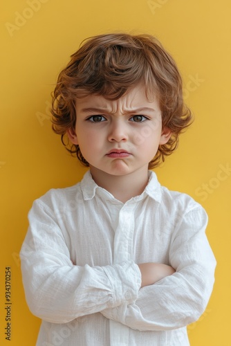 Young boy with a serious expression posing against a bright yellow background