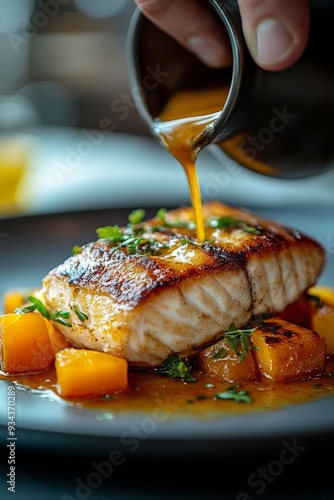 Chef pouring sauce over grilled salmon with seasonal fruits on a plate in a f...