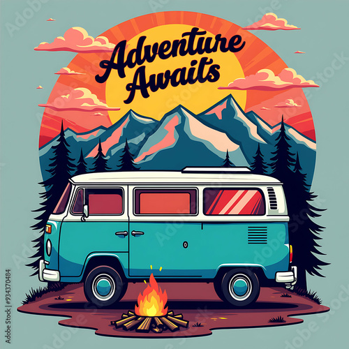 Vintage camper van in the mountains at night illustration