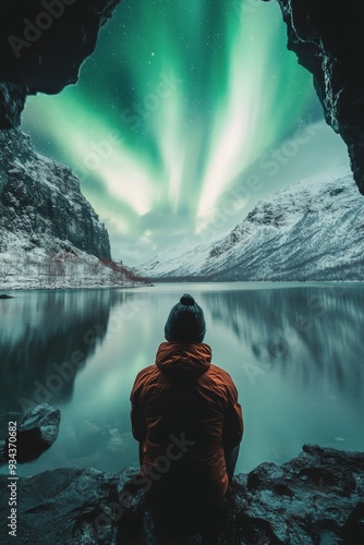 A person stands in an ice cave under the northern lights in wintertime