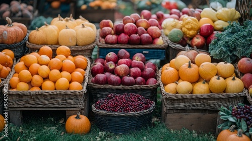 Colorful assortment of fresh fruits in woven baskets on grass at a sunny outd...