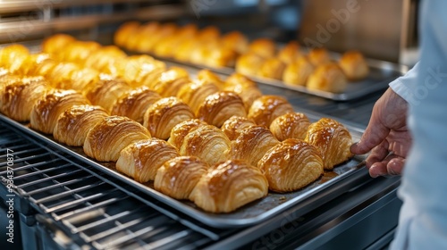 Freshly baked croissants being removed from the oven in a bakery kitchen