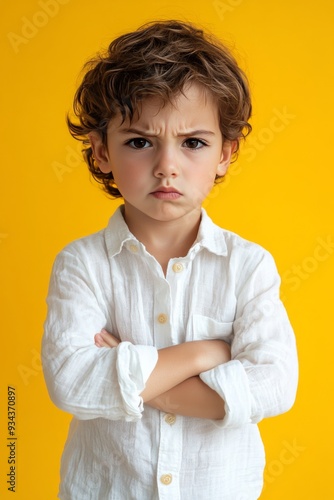 Young boy with a serious expression posing against a bright yellow background