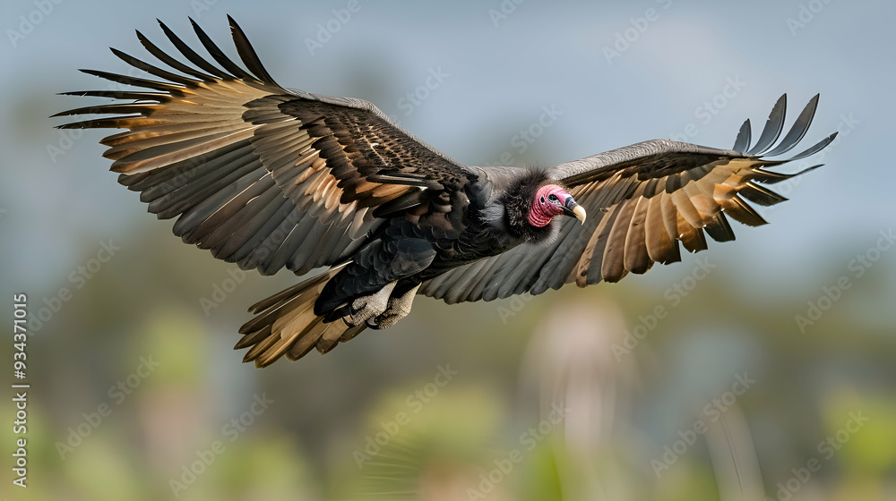 Obraz premium Amazon Cayenne Red-headed Vulture soaring high in the sky, its wings spread wide