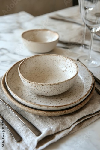 Rustic dining table set with stacked kitchen plates and fresh flowers in vase