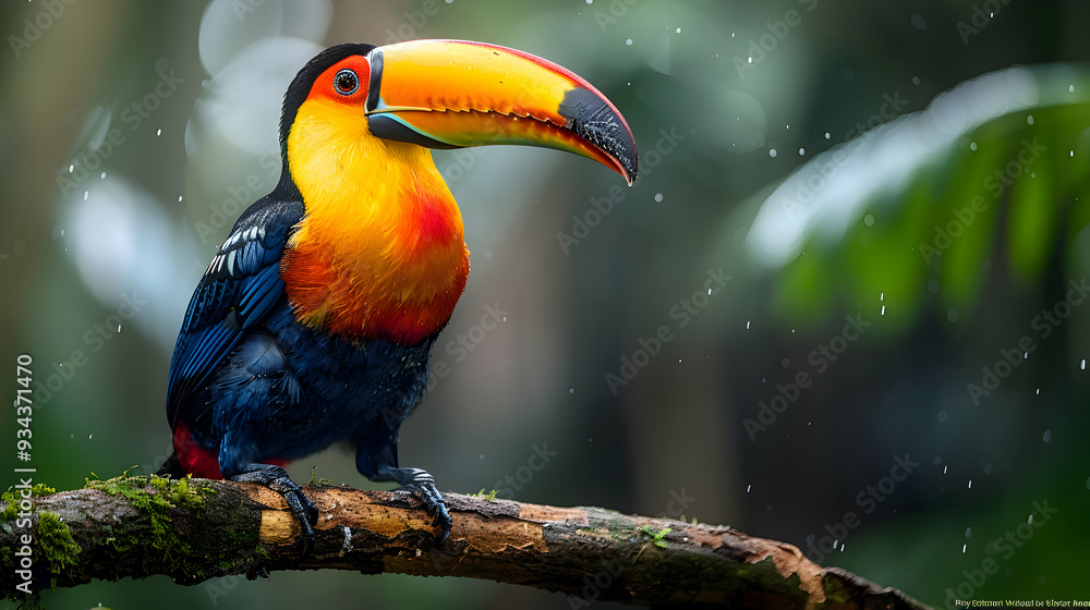 Fototapeta premium Amazon Channel-billed Toucan perched on a branch, its vibrant colors standing out against the green